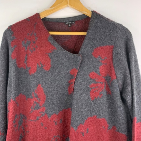 Asymmetrical lagenlook red / grey floral draped long sweater/ cardigan/ jacket - Picture 3 of 10